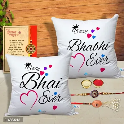 Rakhi Gift for Bhaiya Bhabhi 2 Printed Cushion Cover with Filler, 2 Rakhi, Greeting Card, Roli, chawal