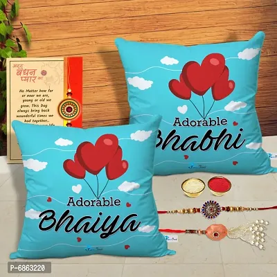 Rakhi Gift for Bhaiya Bhabhi 2 Printed Cushion Cover with Filler, 2 Rakhi, Greeting Card, Roli, chawal