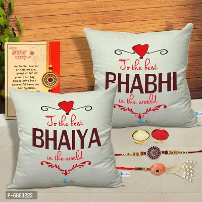 Rakhi Gift for Bhaiya Bhabhi 2 Printed Cushion Cover with Filler, 2 Rakhi, Greeting Card, Roli, chawal