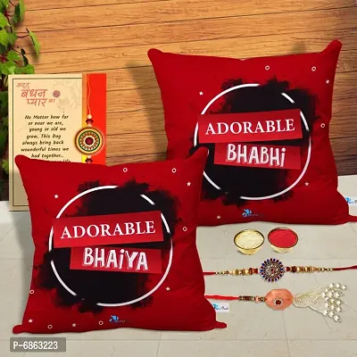 Rakhi Gift for Bhaiya Bhabhi 2 Printed Cushion Cover with Filler, 2 Rakhi, Greeting Card, Roli, chawal