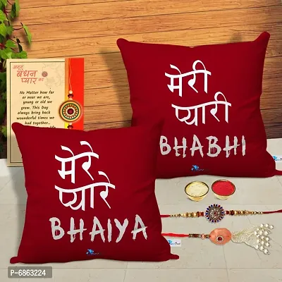 Rakhi Gift for Bhaiya Bhabhi 2 Printed Cushion Cover with Filler, 2 Rakhi, Greeting Card, Roli, chawal