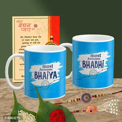 Rakhi Gift for Bhaiya Bhabhi 2 Printed Coffee Mug with 2 Rakhi, Greeting Card, Roli, chawal