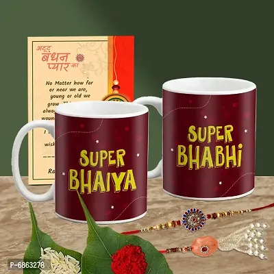 Rakhi Gift for Bhaiya Bhabhi 2 Printed Coffee Mug with 2 Rakhi, Greeting Card, Roli, chawal-thumb0