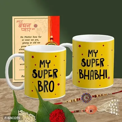 Rakhi Gift for Bhaiya Bhabhi 2 Printed Coffee Mug with 2 Rakhi, Greeting Card, Roli, chawal-thumb0