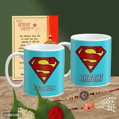 Rakhi Gift for Bhaiya Bhabhi 2 Printed Coffee Mug with 2 Rakhi, Greeting Card, Roli, chawal-thumb0