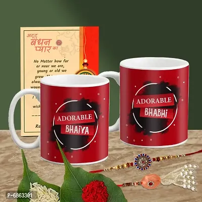 Rakhi Gift for Bhaiya Bhabhi 2 Printed Coffee Mug with 2 Rakhi, Greeting Card, Roli, chawal