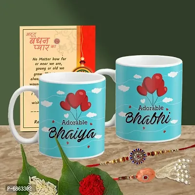 Rakhi Gift for Bhaiya Bhabhi 2 Printed Coffee Mug with 2 Rakhi, Greeting Card, Roli, chawal-thumb0