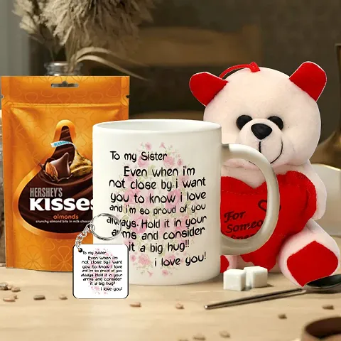 To My Sister Rakhi Gift for Sister Printed Coffee Mug, Teddy, Chocolate, Keychain