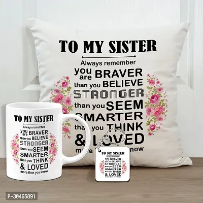 to My Sister Always Remember Rakhi Gift for Sister Printed Cushion Cover with Filler, Coffee Mug and Keychain