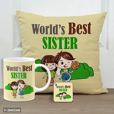 World's Best Sister Rakhi Gift for Sister Printed Cushion Cover with Filler, Coffee Mug and Keychain