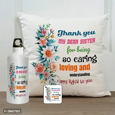 Thank You My Dear Sister Rakhi Gift for Sister Printed Cushion Cover with Filler, Shipper Bottle and Keychain-thumb0