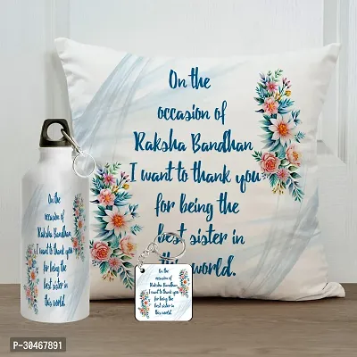 On The occaision of Rakhi Gift for Sister Printed Cushion Cover with Filler, Shipper Bottle and Keychain-thumb0