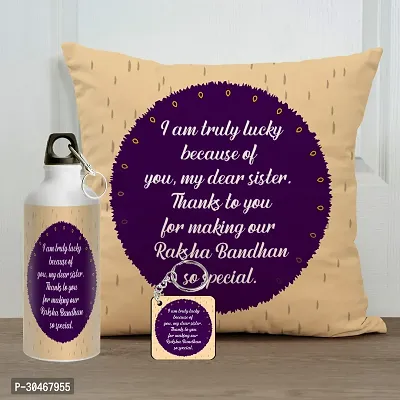 I am Truly Lucky Rakhi Gift for Sister Printed Cushion Cover with Filler, Shipper Bottle and Keychain