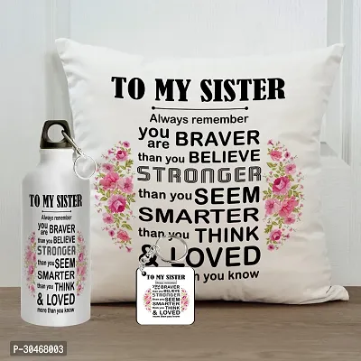 to My Sister Always Remember Rakhi Gift for Sister Printed Cushion Cover with Filler, Shipper Bottle and Keychain