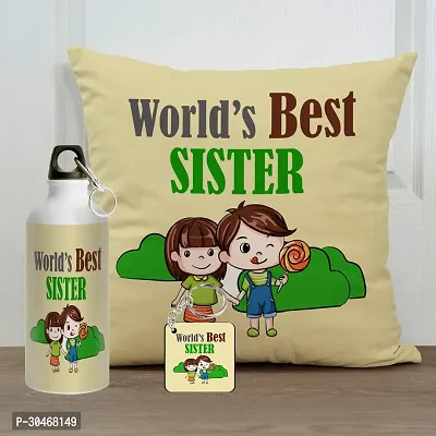 World's Best Sister Rakhi Gift for Sister Printed Cushion Cover with Filler, Shipper Bottle and Keychain-thumb0