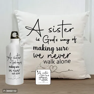 A Sister is a God's Way Rakhi Gift for Sister Printed Cushion Cover with Filler, Shipper Bottle and Keychain