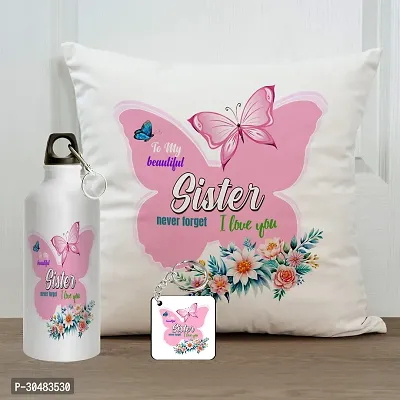 To My Beautiful Sister Rakhi Gift for Sister Printed Cushion Cover with Filler, Shipper Bottle and Keychain