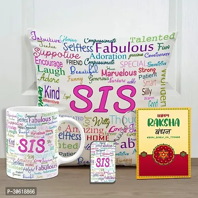 Rakhi Gift for Sister Printed Cushion Cover,Coffee Mug, Greeting Card, Keychain Combo