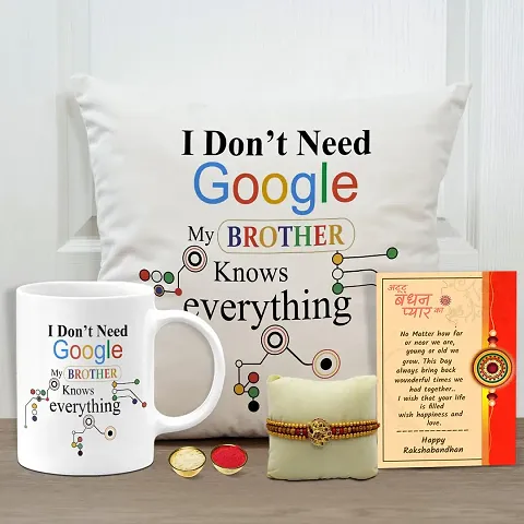 Rakhi Gift for Brother Coffee Mug with Cushion (12X12) with Filler Designer Rakhi for Brother-01