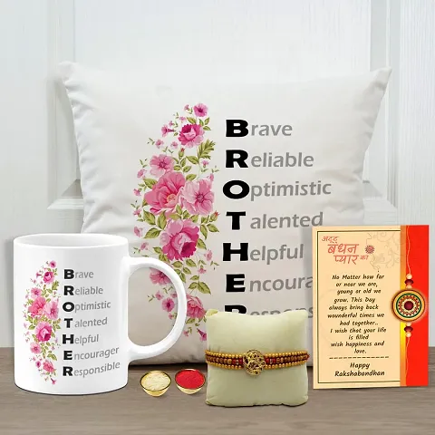 Rakhi Gift for Brother Printed Cushion Cover with Filler, Coffee Mug, rakhi