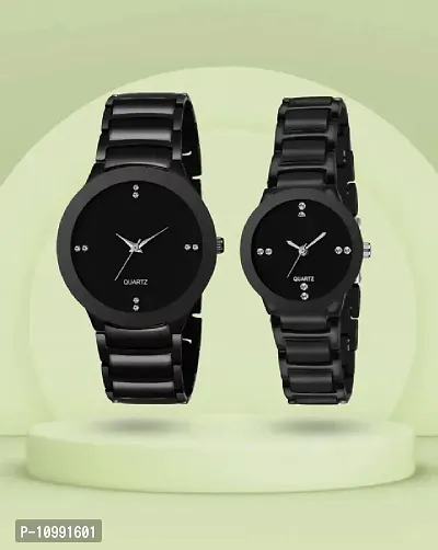 Stylish Black Stainless Steel Analog Couple Watches-thumb0