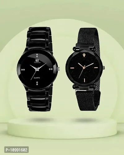 Stylish Black Stainless Steel Analog Couple Watches-thumb0