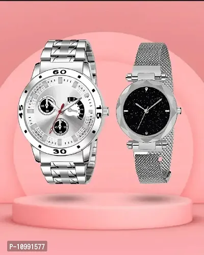 Stylish Silver Stainless Steel Analog Couple Watches-thumb0