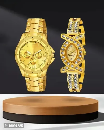 Stylish Golden Stainless Steel Analog Couple Watches