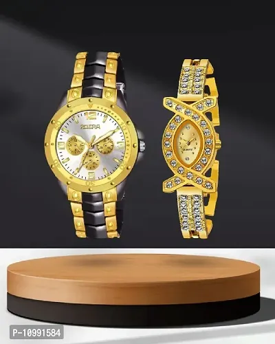 Stylish Golden Stainless Steel Analog Couple Watches