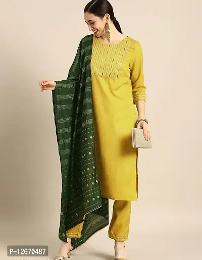 Stylish Cotton Blend Straight Self Design Kurta, Bottom and Dupatta Set For Women-thumb0