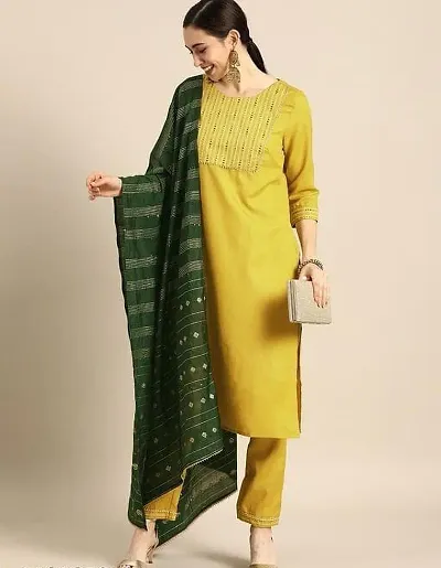 Beautiful Printed Cotton Straight Kurta, Bottom and Dupatta Set