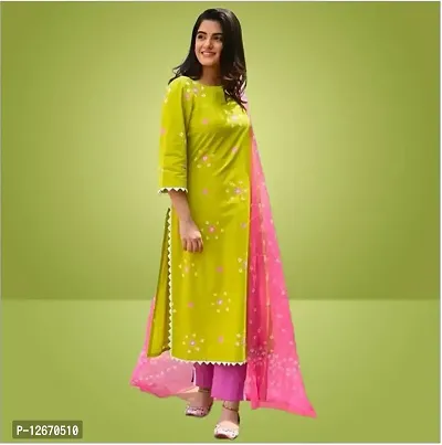 Stylish Cotton Straight Self Design Kurta, Bottom and Dupatta Set For Women-thumb0