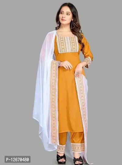 Stylish Cotton Straight Self Design Kurta, Bottom and Dupatta Set For Women