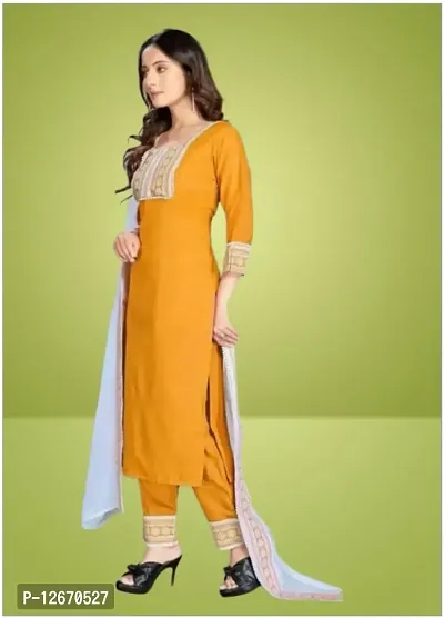 Stylish Cotton Straight Self Design Kurta, Bottom and Dupatta Set For Women-thumb0