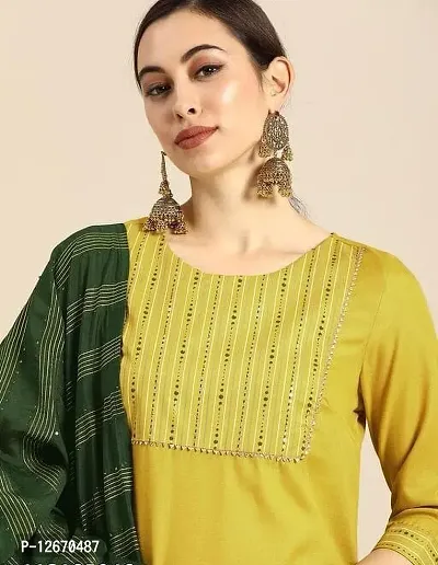Stylish Cotton Blend Straight Self Design Kurta, Bottom and Dupatta Set For Women-thumb3