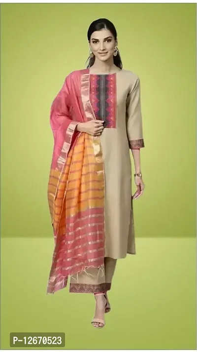 Stylish Cotton Straight Self Design Kurta, Bottom and Dupatta Set For Women-thumb0