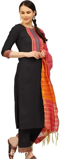 Stylish Cotton Straight Printed Kurta, Bottom and Dupatta Set For Women-thumb0