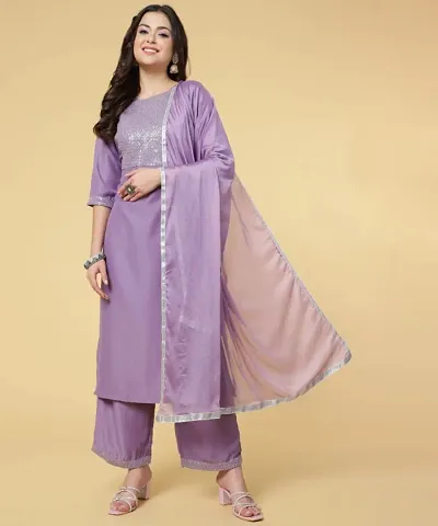 Stylish Embroidered Cotton Blend Kurta with Bottom and Dupatta Set