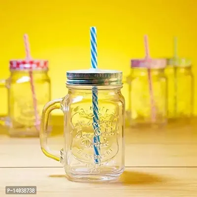 Mason Jars With Handle Lid And Straw | Juice Jars With Straw | Smoothie Jar | Glass Jar With Straw | Mug With Straw | Coffee Jar | Straw Glass (450 ml, Multi color)-thumb3