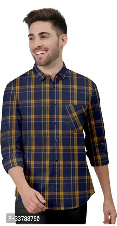 Stylish Navy Blue Cotton Long Sleeves Checked Casual Shirt For Men