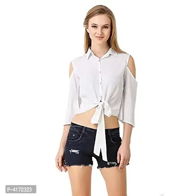 Fashionable White Crepe Solid  Crop Length Shirt For Women-thumb0