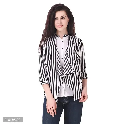 Fashionable Multicoloured Crepe Striped  Regular Length Shirt For Women-thumb0