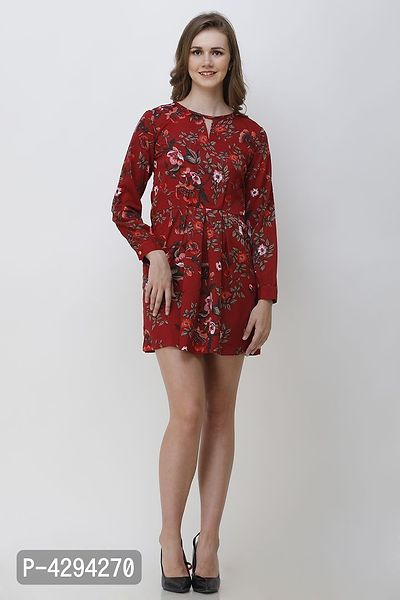 Stylish Red Crepe Printed A-Line Dress For Women-thumb0