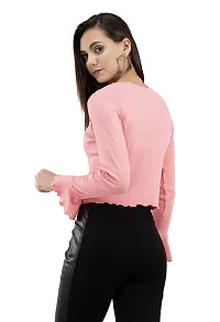 FAIRIANO Women's Cotton Lycra Round Neck Full Sleeves Solid Boxy Fit Crop Top Pink-thumb1