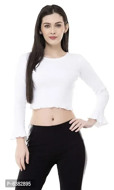 FAIRIANO Women's Casual Cotton Lycra Full Sleeves Solid Boxy Crop Top