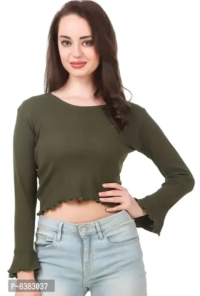 FAIRIANO Women's Casual Cotton Lycra Full Sleeves Solid Boxy Crop Top