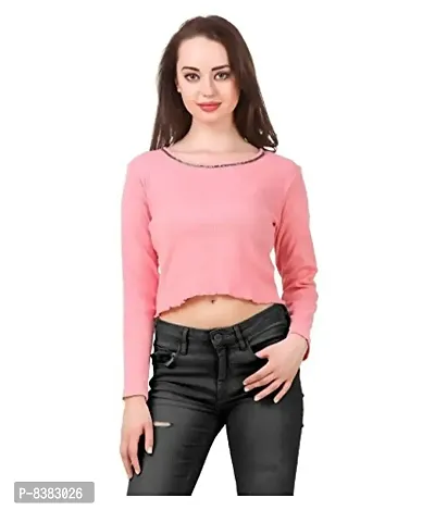 FAIRIANO Women's Solid Cotton Lycra Full Sleeve Pink Slim fit Crop Top-thumb0