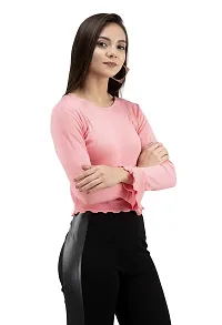 FAIRIANO Women's Cotton Lycra Round Neck Full Sleeves Solid Boxy Fit Crop Top Pink-thumb4