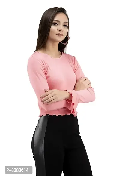 FAIRIANO Women's Cotton Lycra Round Neck Full Sleeves Solid Boxy Fit Crop Top Pink-thumb5