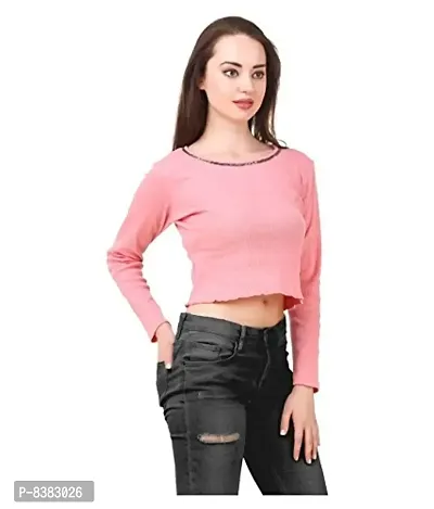 FAIRIANO Women's Solid Cotton Lycra Full Sleeve Pink Slim fit Crop Top-thumb2